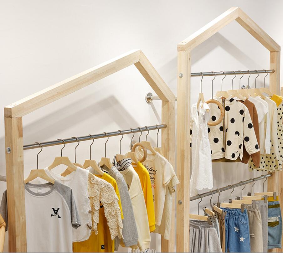 Children's clothing store creative roof display racks Commercial Furniture stainless steel solid wood wall side hanging combination rack double-l