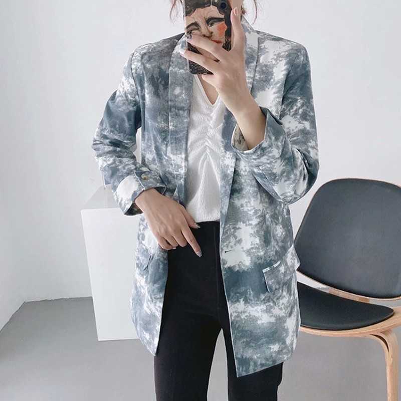 LY VAREY LIN Autumn Women Casual Suit Jacket Black White Tie Dyed Printing Single Button Loose Office Lady Outerwear 210526