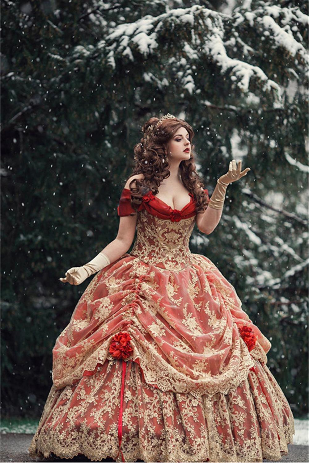 Vintage Red Gold Gothic Prom Dresses Off Shoulder Medieval Ball Gown Victorian Lace-up Corset Renaissance Evening Dresses Custom Made