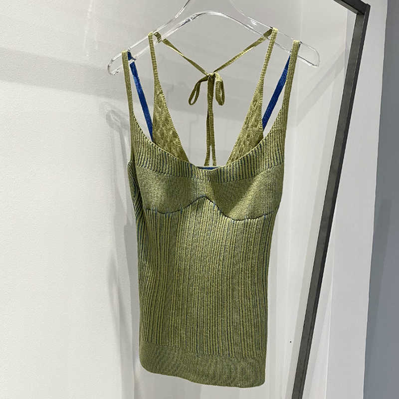 VGH Korean Vest For Women Halter Sleeveless High Waist Striped Backless Sling Slim Sexy Vests Female Summer Fashion 210625
