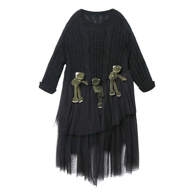 XITAO Streetwear Women Clothes Spring Dresses Splice Mesh Cartoon Puppet Women Dress Plus Size women Clothes XJ3135 210303