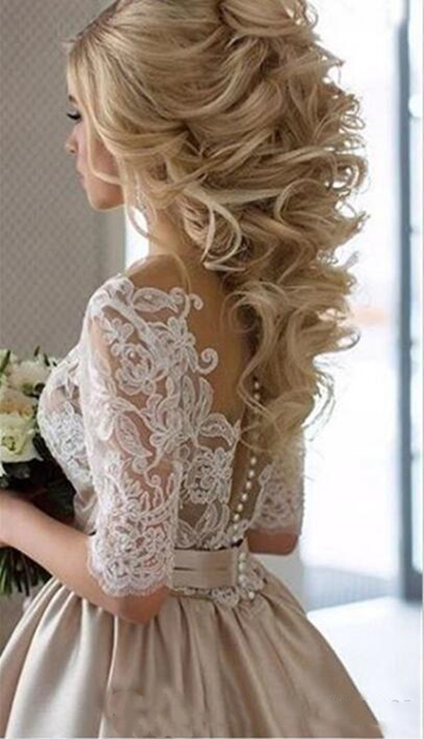 Vintage Champagne Wedding Dresses A Line Long Bridal Gowns Sweep Train Illusion Jewel Neck Back Buttons Sexy Garden Bride Dress 2021