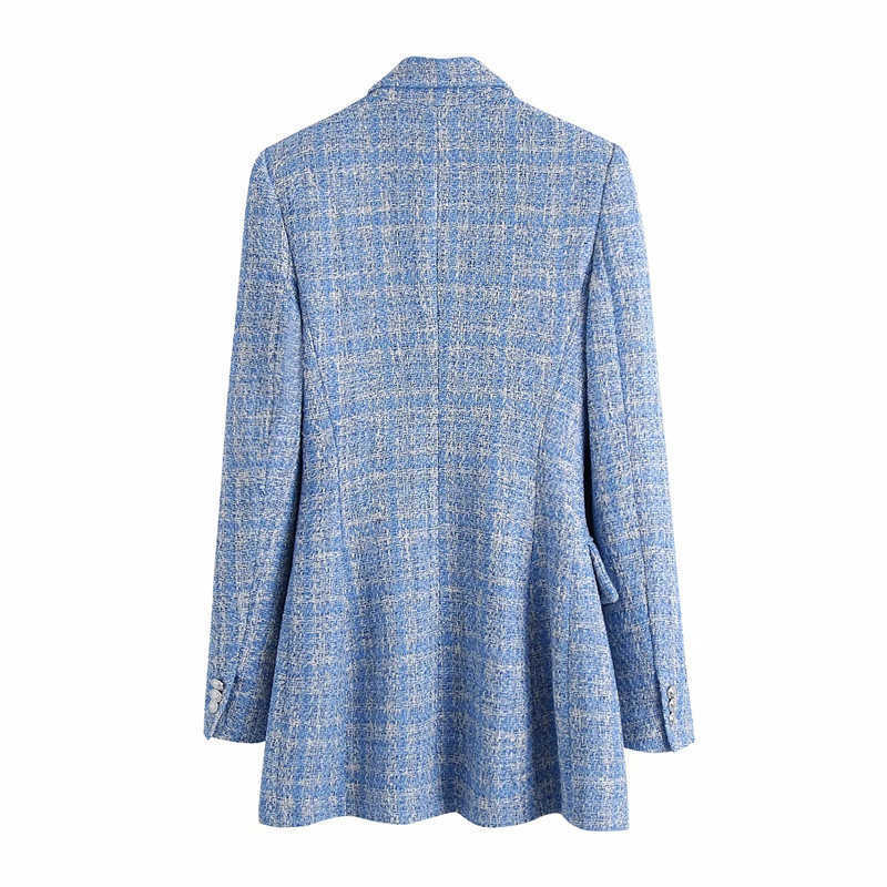 Fashion Double Breasted Tweed Check Women Blazer Coat Vintage Long Sleeve Flap Pockets Female Outerwear Chic Tops 210928
