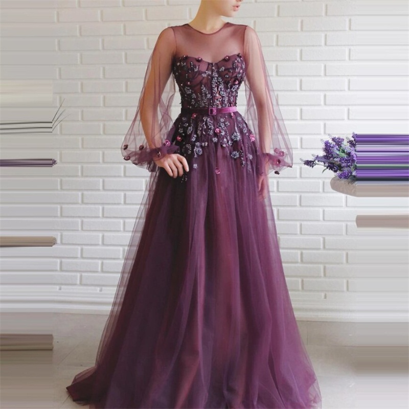 Floral Purple Prom Dresses With Belt Newest Beads Appliqued Lace Evening Dresses Long Sleeves Sweep Train A Line Party Gowns Custom Made