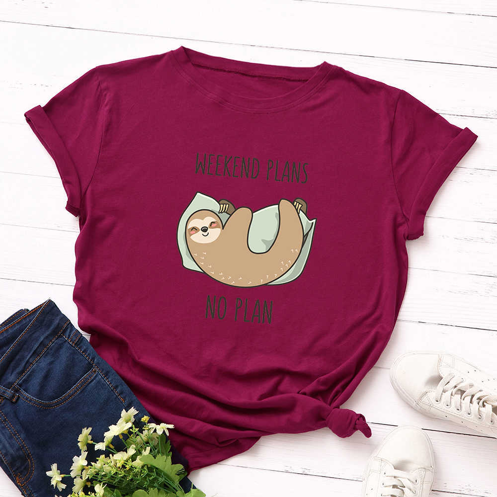 100% Cotton Women T-Shirt Lazy Sloth Weekend Plans No Plans Print O-Neck Short Sleeve Summer Female Tees Top W739 210526
