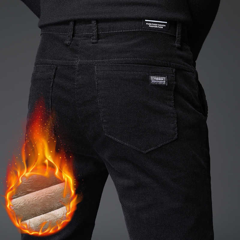 Men's Winter Pants Thick Cotton Fleece Warm Zipper Pocket Black Brown Pants Male Straight Trousers Stretch Casual Corduroy Pants Y0927