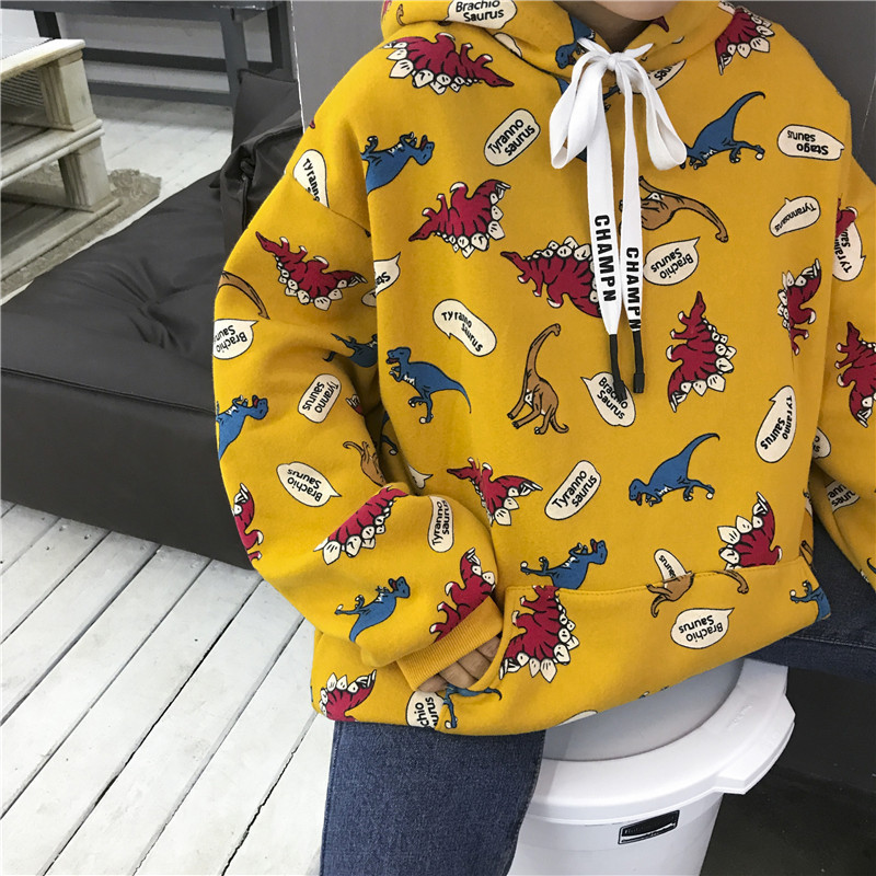 New Winter Korean Preppy Style Dinosaur Cartoon Print Cute Large Vintage ins Cartoon Loose Pullovers Ulzzang Hooded sweatershirt T200904