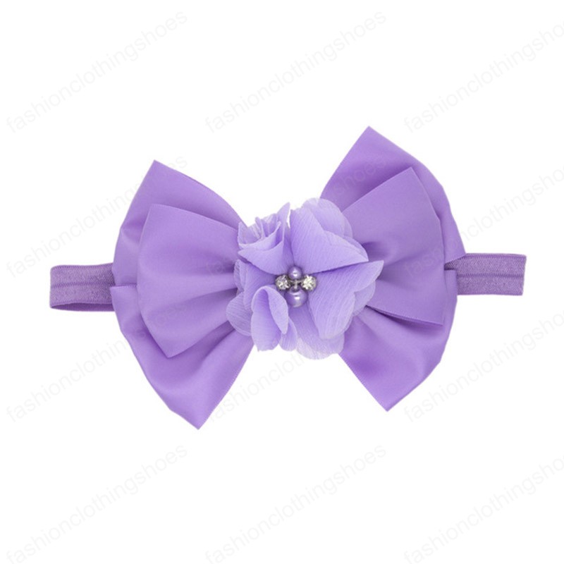 Three Layer Solid Color Bowknot Baby Elastic Headband Shining Beads Chiffon Flowers Toddler Hairband Infant Headwear Photo Props
