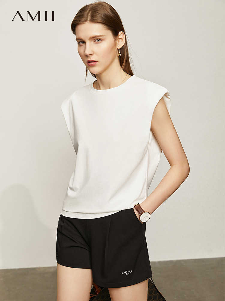 Minimalism Summer Women's Tshirt Causal Solid Oneck Sleeveless Loose Female Tops Simple For Women 12170208 210527