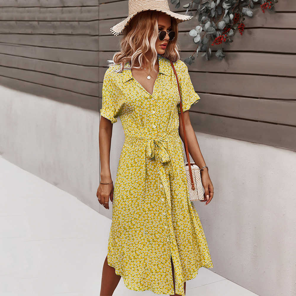 Ladies Vintage Maxi Floral Print Summer Dress Women Casual High Waist Button Bohemian Bandage Women Beach Dress Female Vestidos 210630