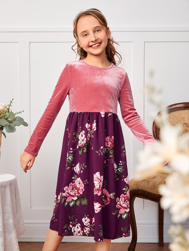 Girls Floral Print Splicing Velvet Dress SHE
