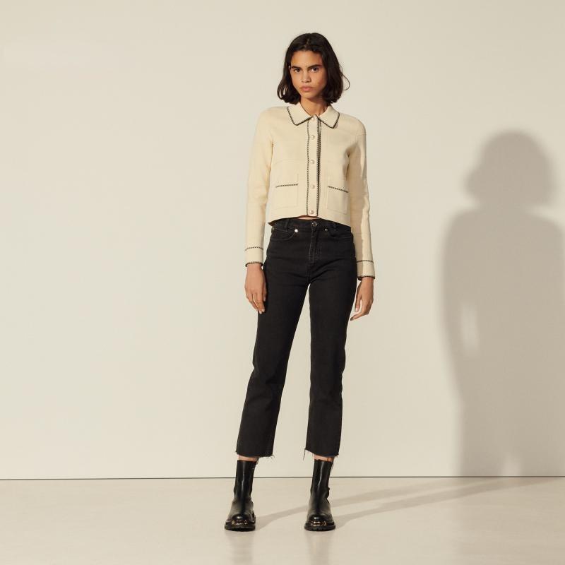 Women's Jackets Sandro Tweed Clashing Knit Trim Single-breasted Long Sleeve Straight Short Jacket Early Spring 2021 Women, Black;brown 
Women's Jackets Sandro Tweed Clashing Knit Trim Single-breasted Long Sleeve Straight Short Jacket Early Spring 2021 Women, Black;brown