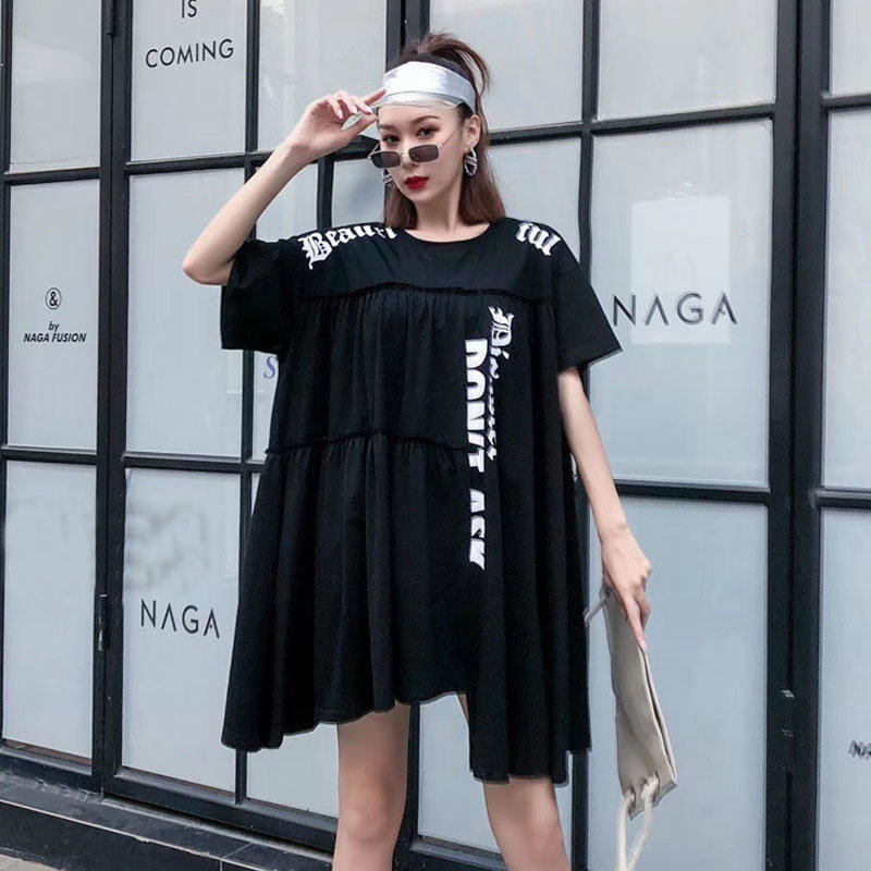 XITAO Plus Size Irregular Letter Pleated T Shirt Women Clothes Summer New Fashion Loose Pullover Match All Long Tee DMY4122 210306