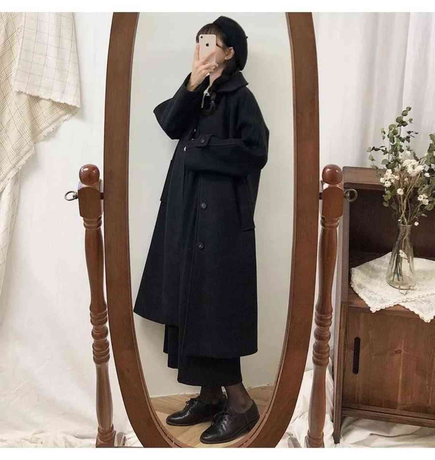 Woolen Coat Women's Mid-length Winter Korean Style Loose and Thin Thickened Over-the-knee Woolen Coat Parkas 211130