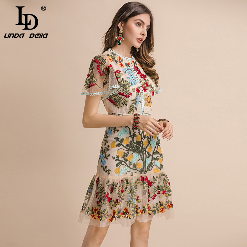 LD LINDA DELLA New Fashion Runway Summer Dress Women's Flare Sleeve Floral Embroidery Elegant Mesh Hollow Out Midi Dresses 210303 - view 3