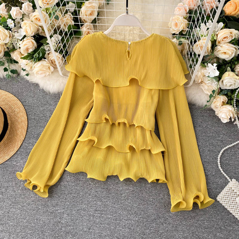 Ins 3D Flounce Round Neck Long Flare Sleeve Pleated Women's Chiffon Blouse Lady Solid Color Elegant Shirts and Tops N744 210308