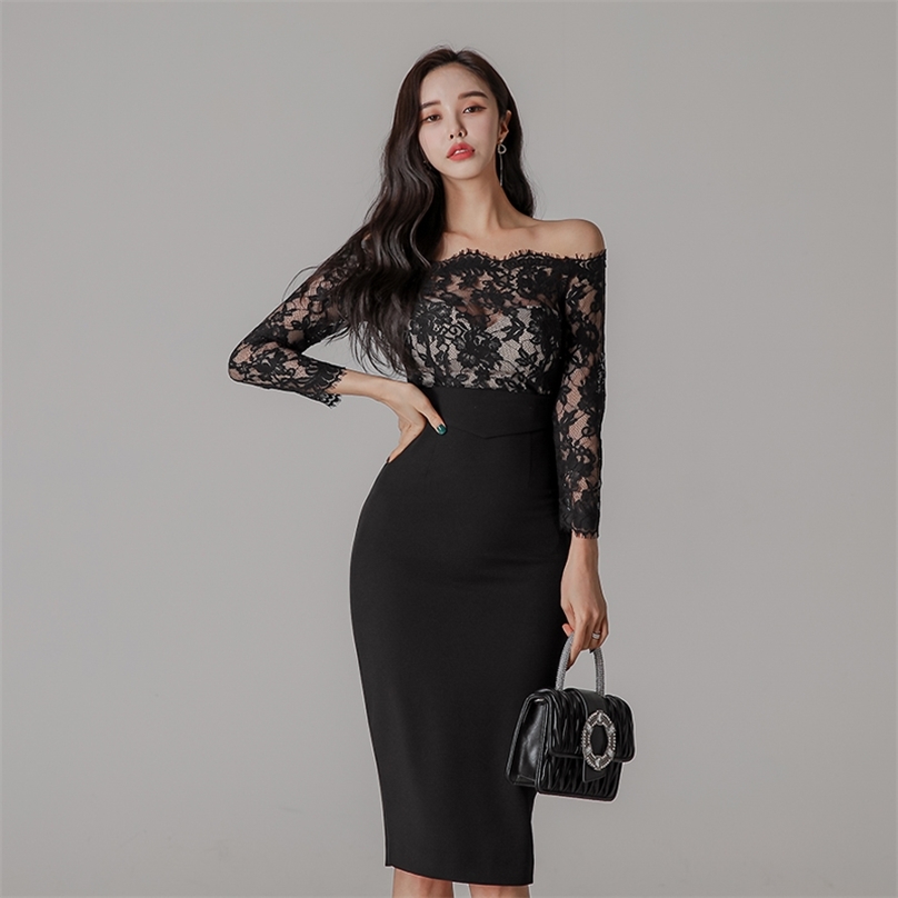 Off shoulder sheath Dress korean ladies Sexy Black Lace Office Hollow out Party Bodycon Dresses for women 210602
Off shoulder sheath Dress korean ladies Sexy Black Lace Office Hollow out Party Bodycon Dresses for women 210602