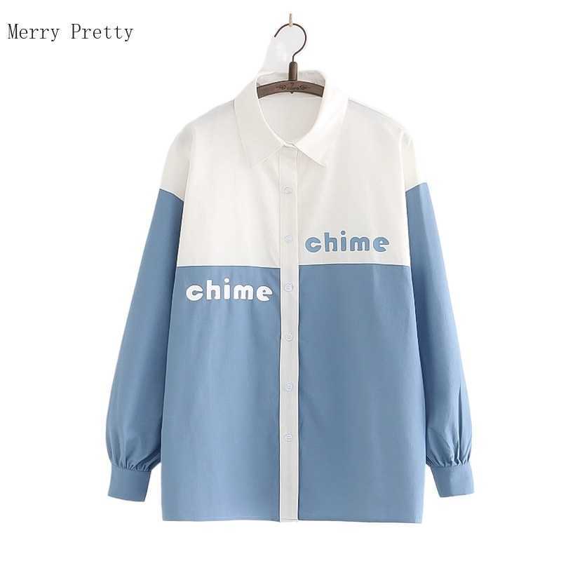 Letter Print Patchwork Blouse And Tops Women Summer Vintage Long Sleeve Turndown Collar Korean Ladies Casual Cotton Shirts 210526, Blue 
Letter Print Patchwork Blouse And Tops Women Summer Vintage Long Sleeve Turndown Collar Korean Ladies Casual Cotton Shirts 210526, Blue