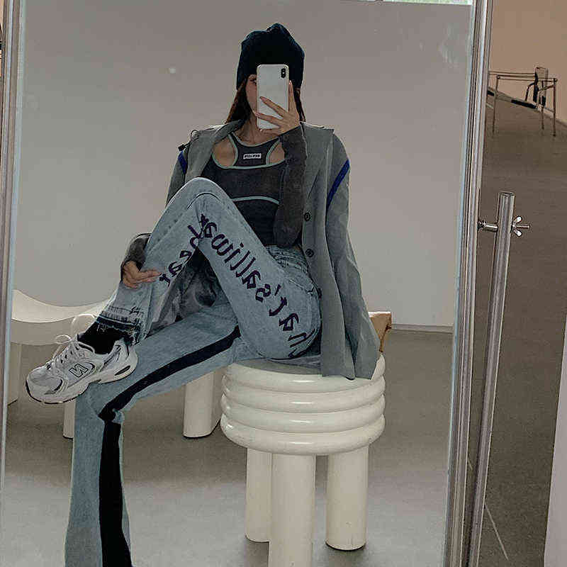 European Spring Autumn Denim Back Letters Embroidery Thin Loose High-waisted Jeans Straight Pants Women Fashion Streetwear 211129