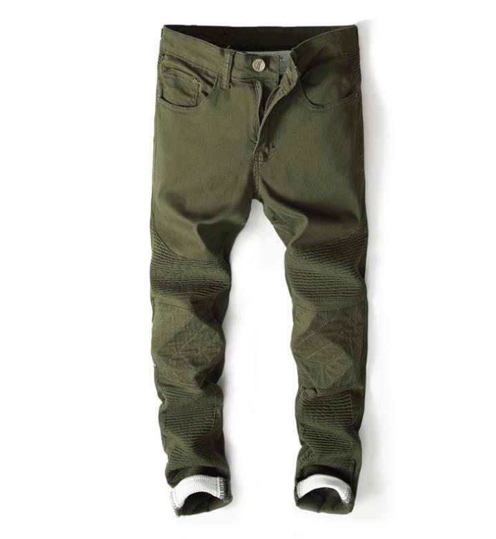 Men's Jeans Biker Army Green Skinny Slim Fit Patchwork Stretch Denim Moto Pants #7119-2