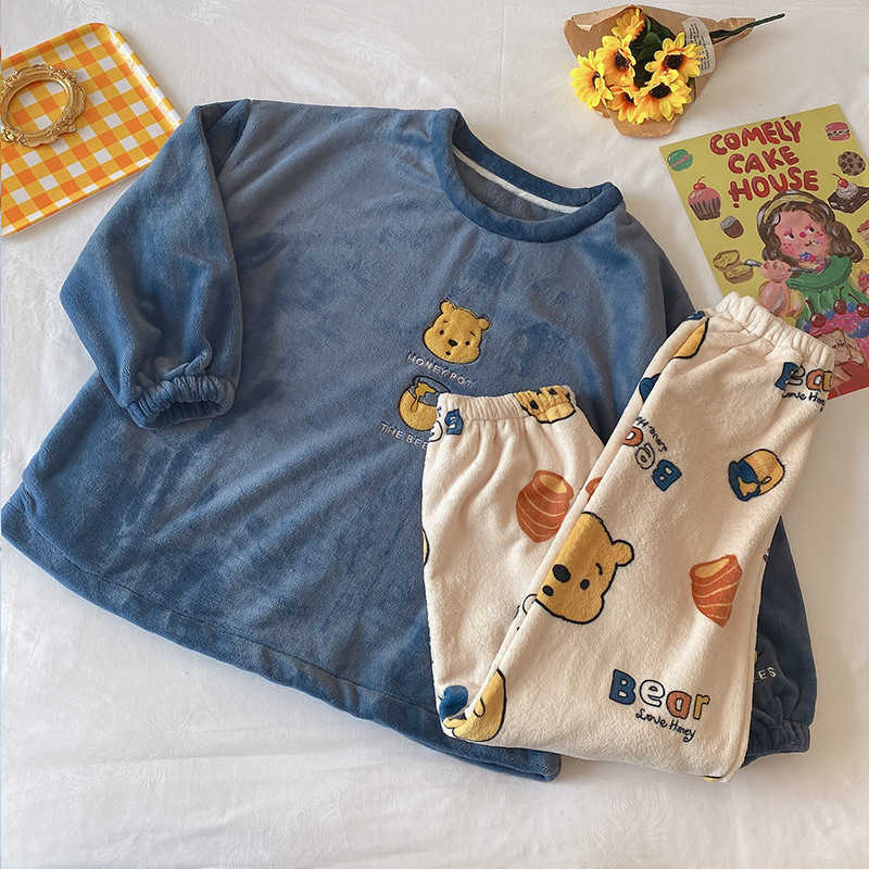 Women Pajama Set Warm Flannel Pajamas Sleepwear Homewear Thick Winter Velvet Female Plush Pyjamas Suit Sweatshirt 210924