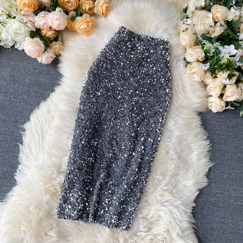 Spring Summer High Waist Slim Shining Bling Sequin Skirt Women Black/Silver Bodycon Skirt For Female New Fashion Faldas 210309