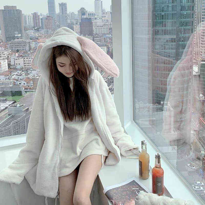 Women Faux Fur Jacket female tops Thick Mid-length Cute Hooded Winter Rabbit Ears Faux Rex Rabbit Plush Fur Coat Soft Girl 211123