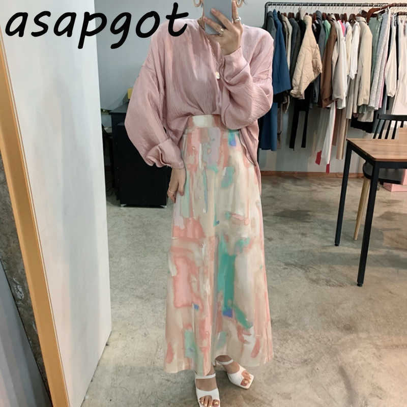 Gentle O Neck Thin Pleated Puff Long Sleeve Blouse Autumn Slim High Waist Color Graffiti Skirt Fashion Retro Office Lady 210708