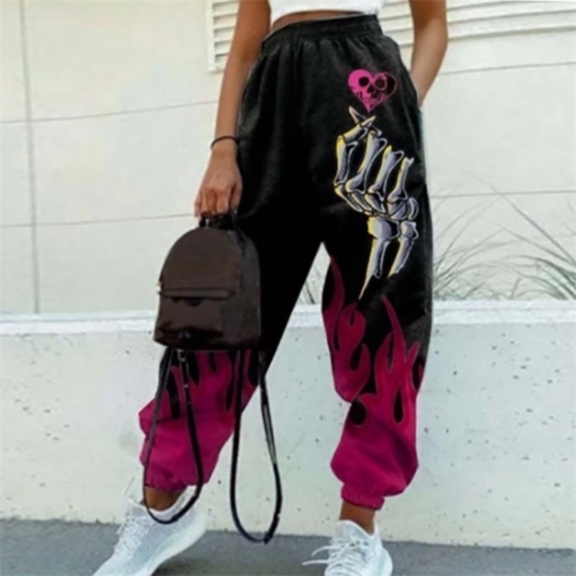 Women Casual Skull Print Patchwork Pants Autumn Elastic Waist Pocket Wide Leg Female Streetwear Plus Size Warm Sweatpants 211115