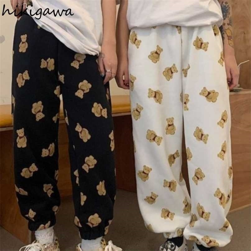 Hikigawa Cartoon Bear Sweatpants Women Streetwear Loose Straight Trousers High Waist Thicked Casual Wide Leg Pants 7z028 211115