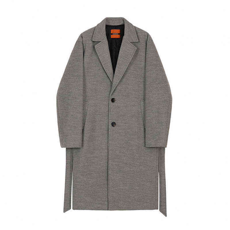 IEFB Korean Winter Woolen Overcoat Men's Long Style Trend Handsome Over Knee Thickening Medium Length Grey Coat With Belt 9Y8465 211122