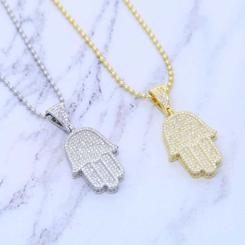 Hand Of the Angel Fatima Pendant Choker Hip Hop Full Iced Out Cubic Zirconia Gold Sliver Color CZ Stone Necklace Women Men 210621