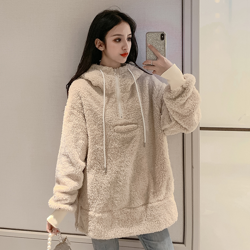 Qiu dong lambs Mao Wei han edition loose clothing female hedge fuzzy female long hooded students lambs wool coat 201204