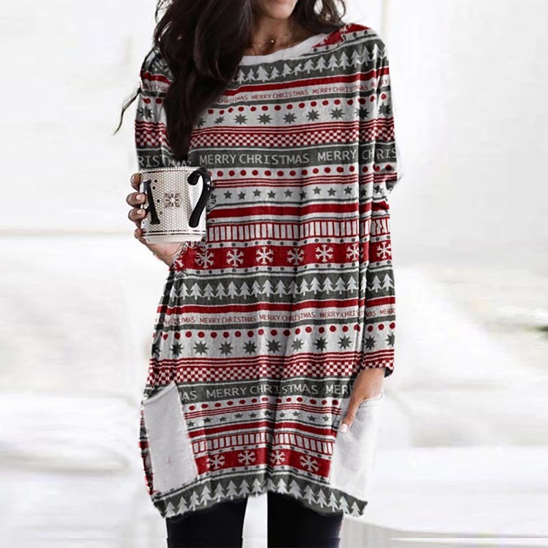 Christmas Mini dress Women Christmas Sweatshirt Warm Tops Long Sleeve Loose ONeck Jumper Top Winter Autumn Pullovers Plus Size 210303