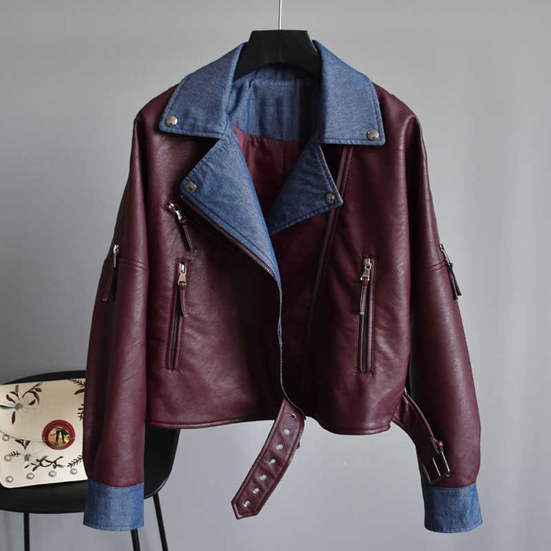 Ly Varey Lin Spring Pu Faux Soft Leather Jacket Women Autumn Motorcycle Zipper Rivet Denim Patchwork Outerwear 210526