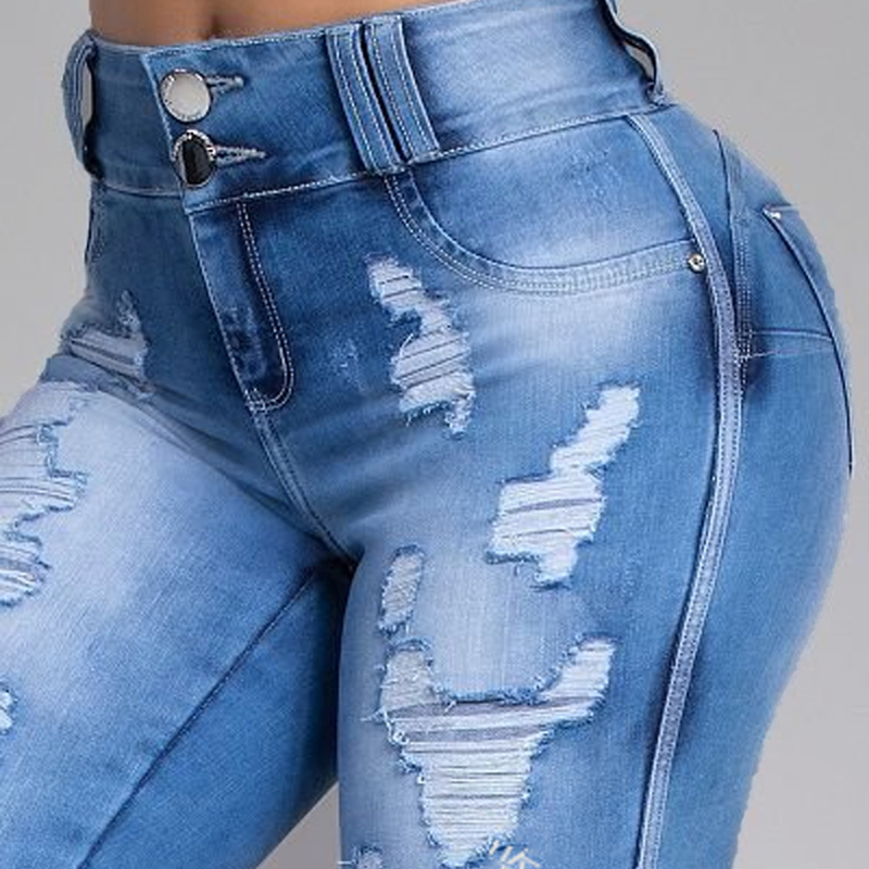 Ripped Skinny Jeans Women High Waist Sexy Stretch Pants Korean Fashion Streetwear Distressed Slim Blue Bleached Denim Trousers 210222