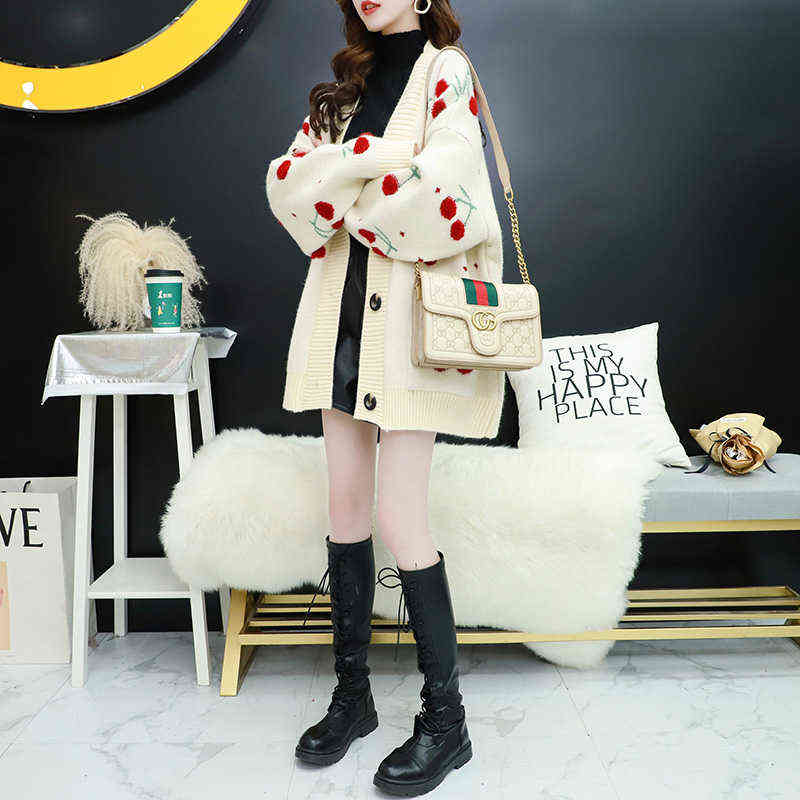 Autumn Fashion Cherries Embroidery Mid-length Cardigans Women V-Neck Bat sleeve Pocket Knitting Sweater Coat Loose Ladies Tops 211117