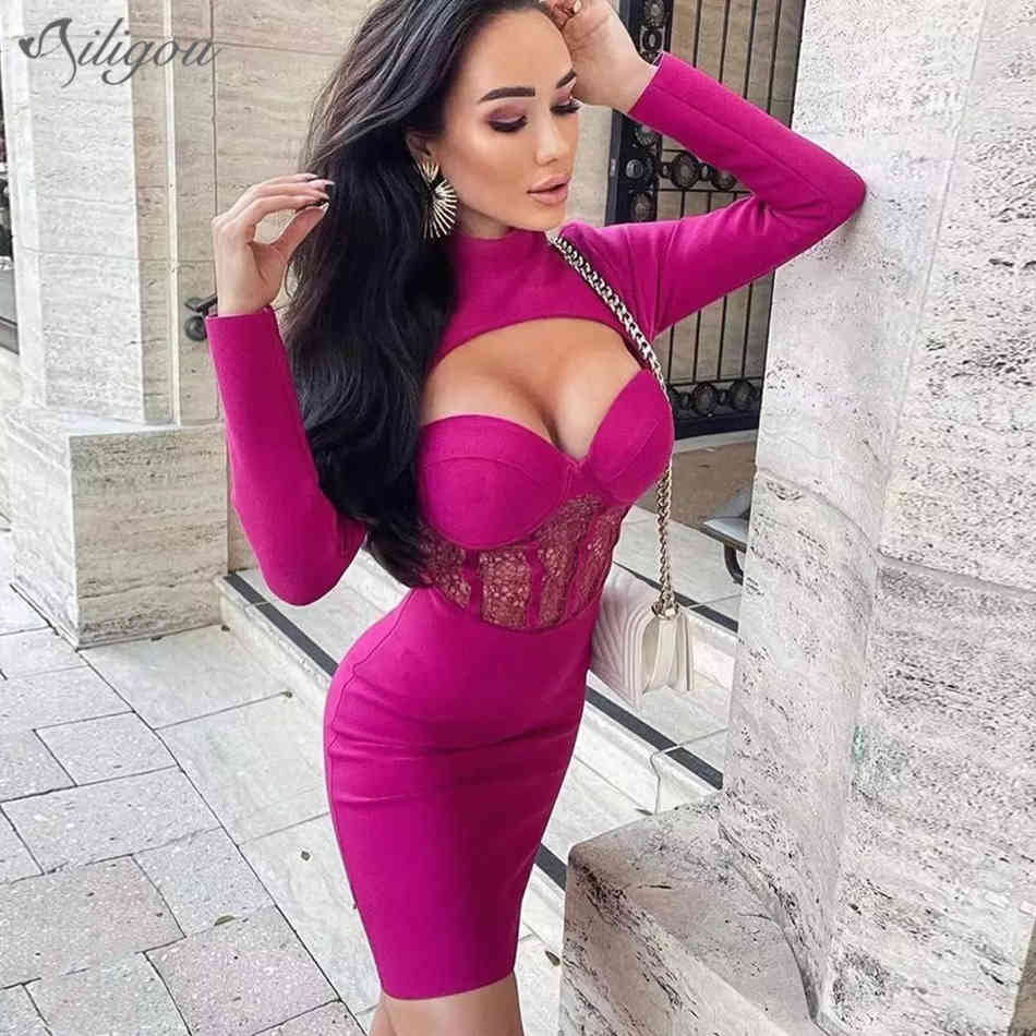 High Quality Women's Purple Black Long Sleeve Lace Hollow Rayon Bandage Dress Elegant Club Party Vestidos 210525