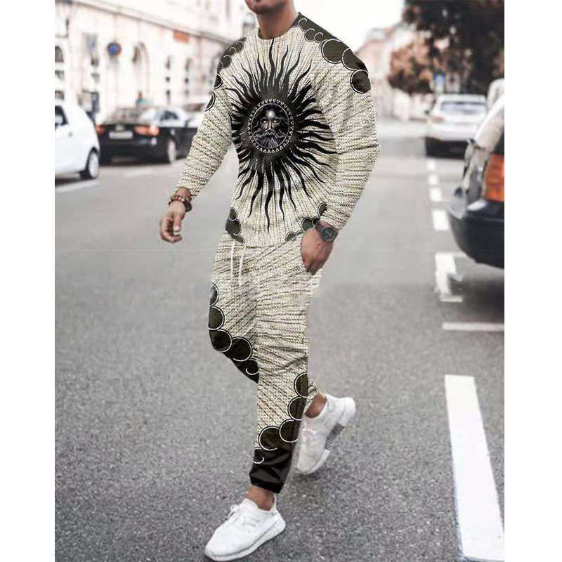 Spring Autumn Men's Set Casual Sportswear Fashion Male Running Suit Men Long-sleeved T-shirt+Sports Trousers 2-Piece Plus Size 211006