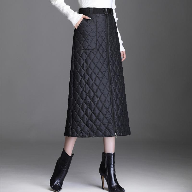 Skirts Autumn And Winter Women's Thick Warm Down Cotton Short Skirt Mid-length Zipper One-piece High Belt Pocket A-line
