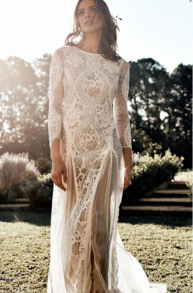 Sexy Bohemian Lace Beach Wedding Dresses Long Sleeve Backless Nude And Ivory Boho Country Bridal Gowns Mermaid Wedding Dress Bride Wear