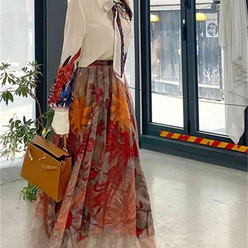 Summer Elegant Pink 2 Piece Set Women Sweet Bowknot Lantern sleeve Top Cotton Shirt + Mesh Floral Tulle Long Skirts Suits 210529