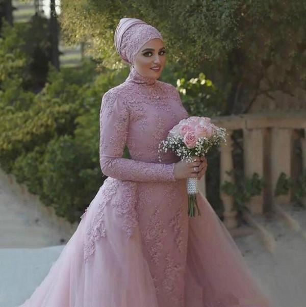 Blush Pink Muslim Dresses Mermaid With Overskirt Tulle Lace Applique High Neck Custom Made Wedding Gown Vestido De Novia
