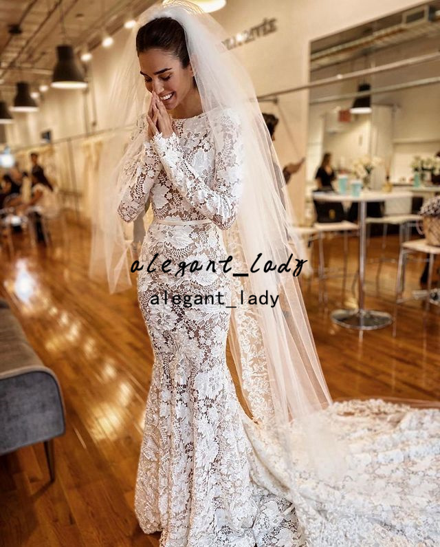 Crochet Cotton Lace Mermaid Wedding Dresses 2022 Berta Backless Long Sleeve Slim Jewel Neck Bohemian Country Bridal Dress vestidos