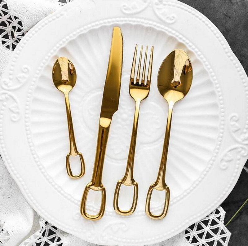 4pcs/set stainless steel hanging hole western 304 titanium plated steak knife fork coffee spoon tableware