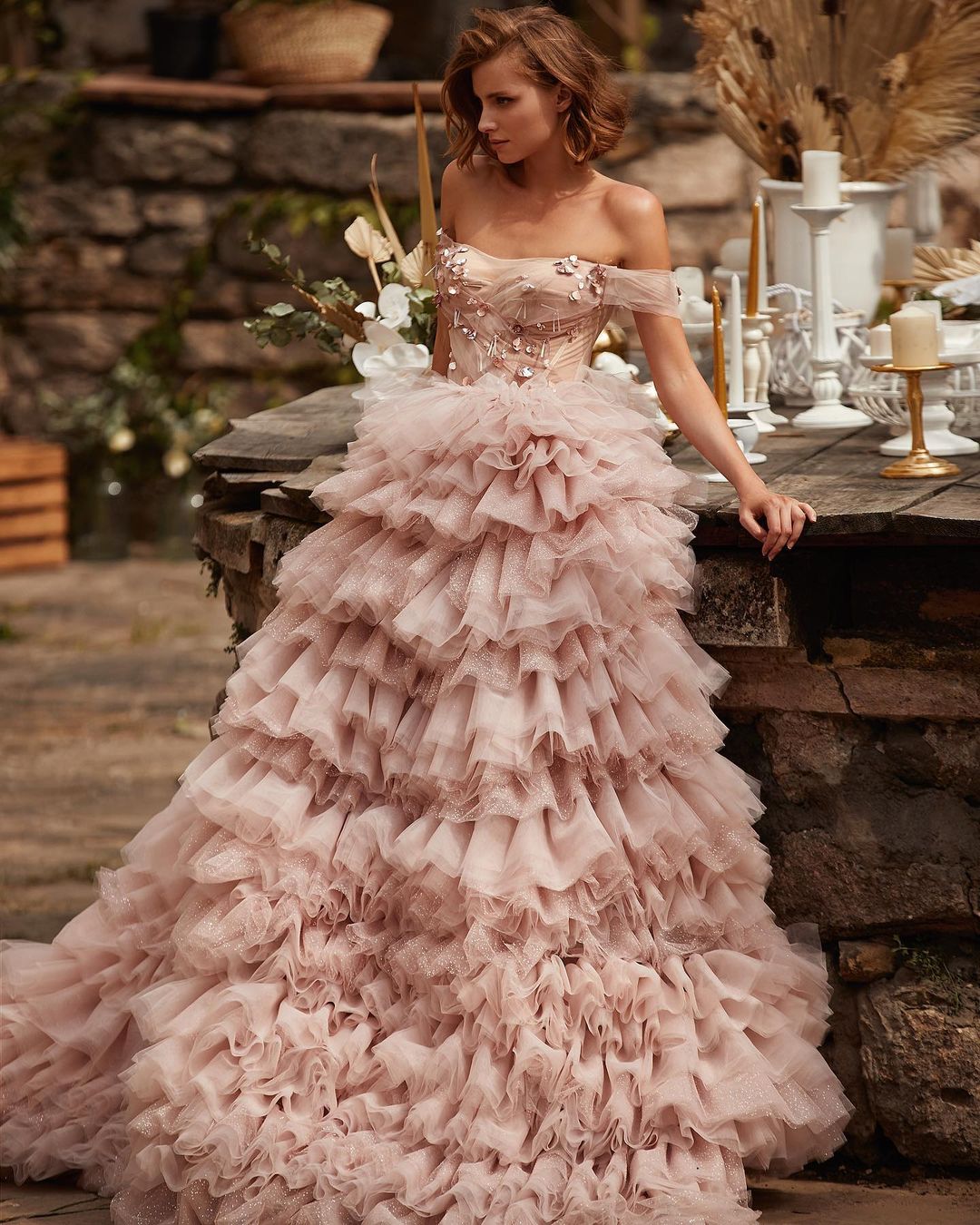 Wedding Blush Beaded Dresses Off The Shoulder Neck A Line Tiered Ruffles Bridal Gowns Sweep Train Tulle Robe De Marie