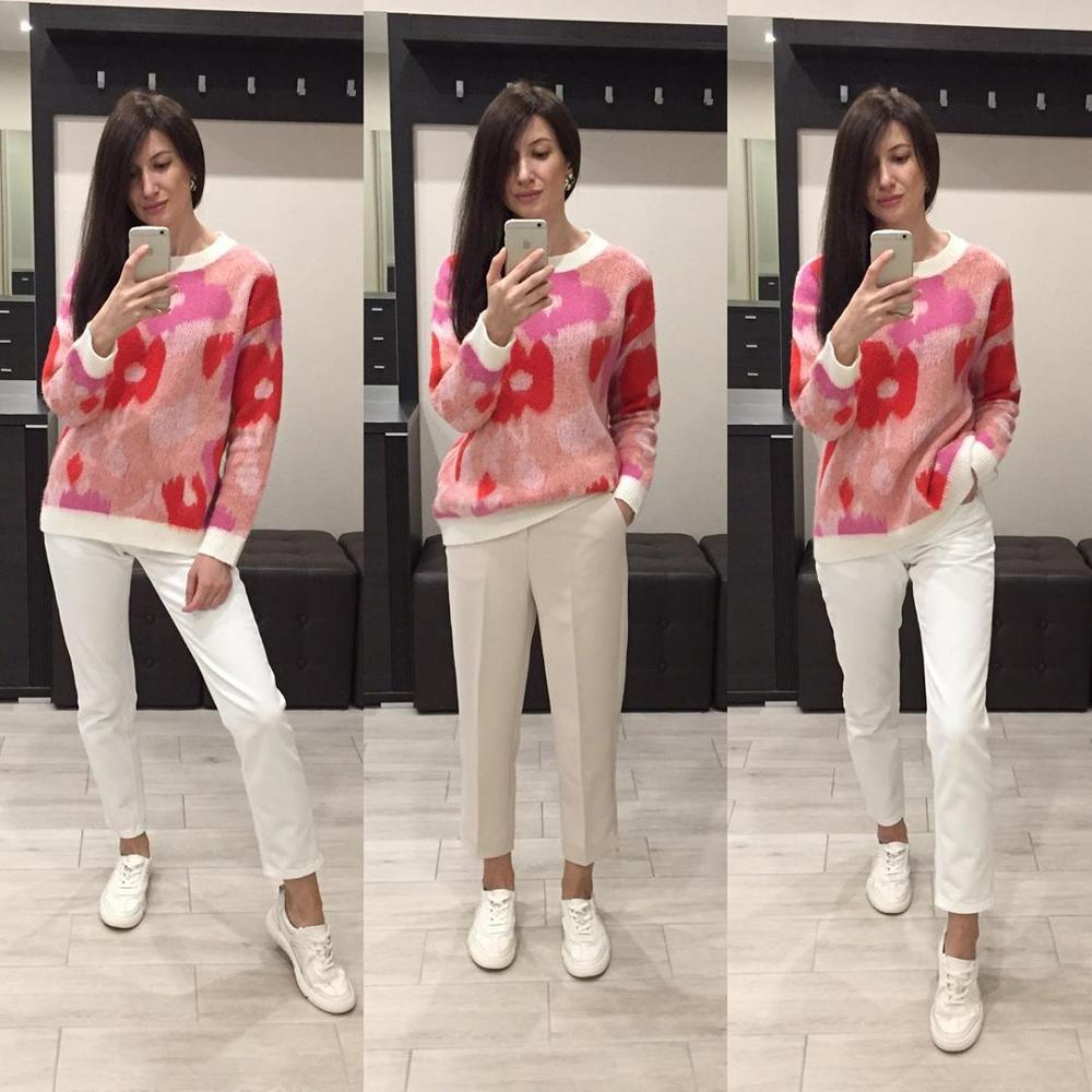 New Autumn Winter Mohair Sweater Women's Pullover O-neck Long Sleeve Flower Pattern Sweet Knitting Jumper Top pull femme C-074 210218