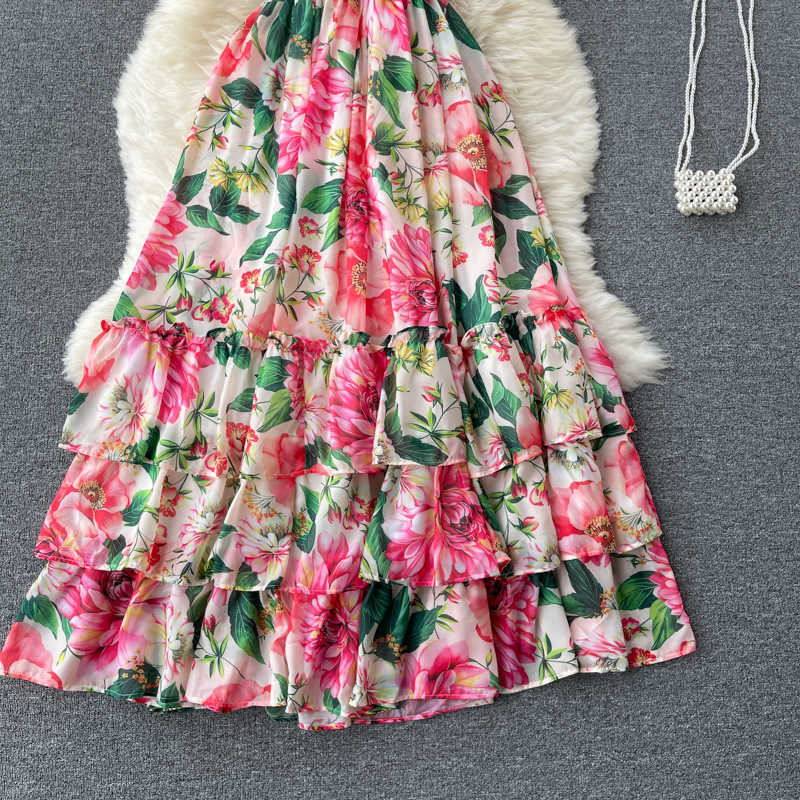 DEAT Women Printing Ruffles Midi-long Dress V-Neck Short Sleeve Arrivals Lady Temperament Fashion Spring Summer 11D607 210709