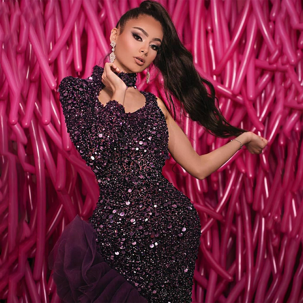 Gitter Prom Dresses Bling Sequin Beads Mermaid Evening Dresses Sexy Side Split Dubai Arabic Ruffles Custom Made Sweep Train Pageant Gown
