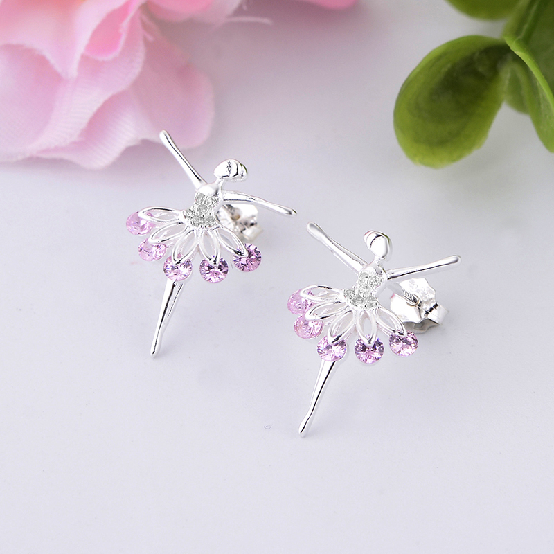Authentic 925 Sterling Silver Pink CZ Dancing Girl Stud Earrings for Women Girls Fine Jewelry Gift Moda Bijoux